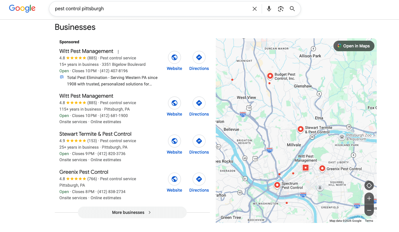 Google SERPs for "pest control Pittsburgh"