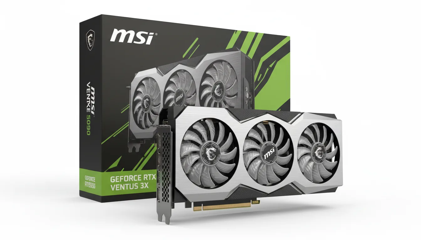 DSLR product photography of a high-end MSI VENTUS 3X GeForce RTX 5090 graphics card, set against a clean, solid white background. The graphics card, featuring a triple-fan design with a brushed silver and black shroud, is angled in the foreground. Behind it and slightly to the left is its original retail box, which is matte black with vibrant lime green accents and stylized white typography. The scene is illuminated with bright, soft studio lighting, creating a sharp, commercial look with no harsh shadows.