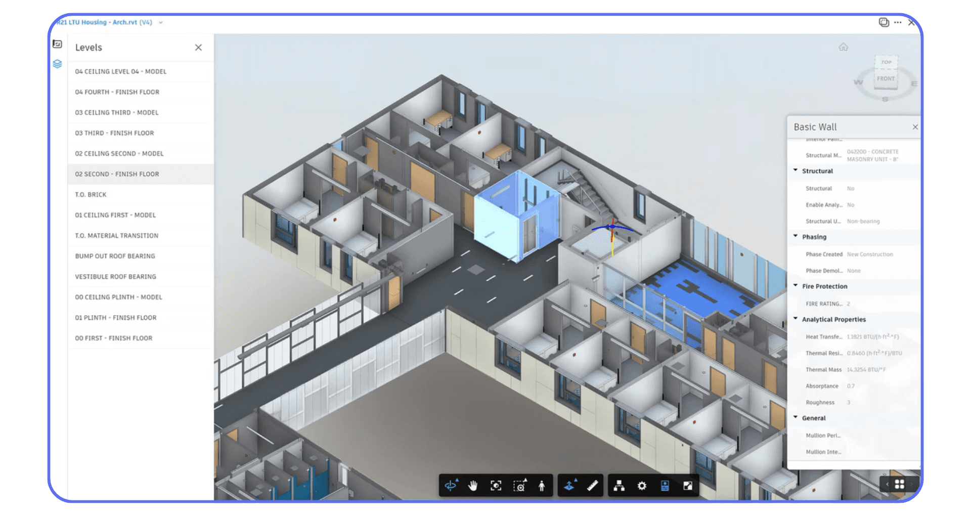 3D building floor plan visualized in BIM software, showing multiple levels, rooms, and wall structure details in perspective view.