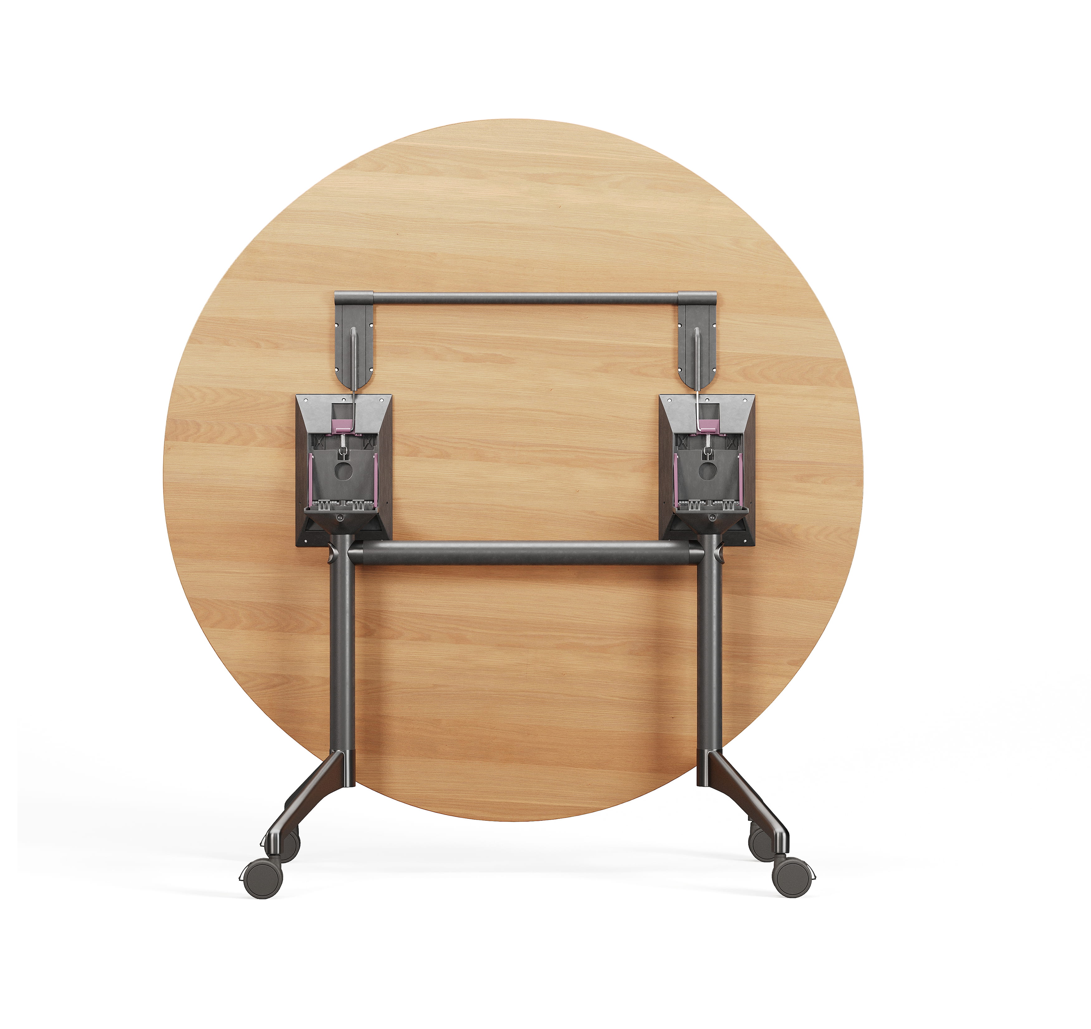 Folded table in vertical position showing compact storage and locking mechanism