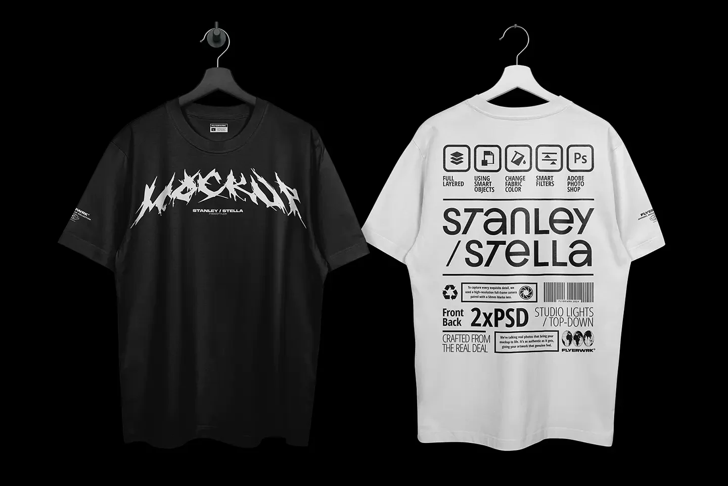 Stanley Stella Freestyler T-Shirt Hanging mockup front and back view with customizable design