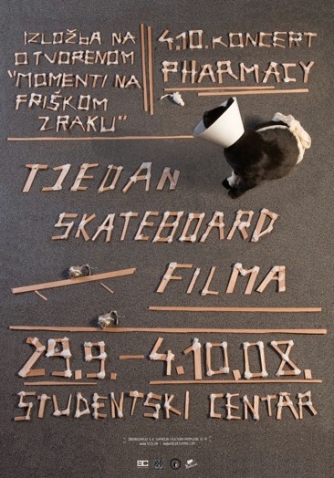 A poster depicting a cat with anti scratch cone and some foreign text made from wood sticks that reads Skateboard Film Studenski Centar.