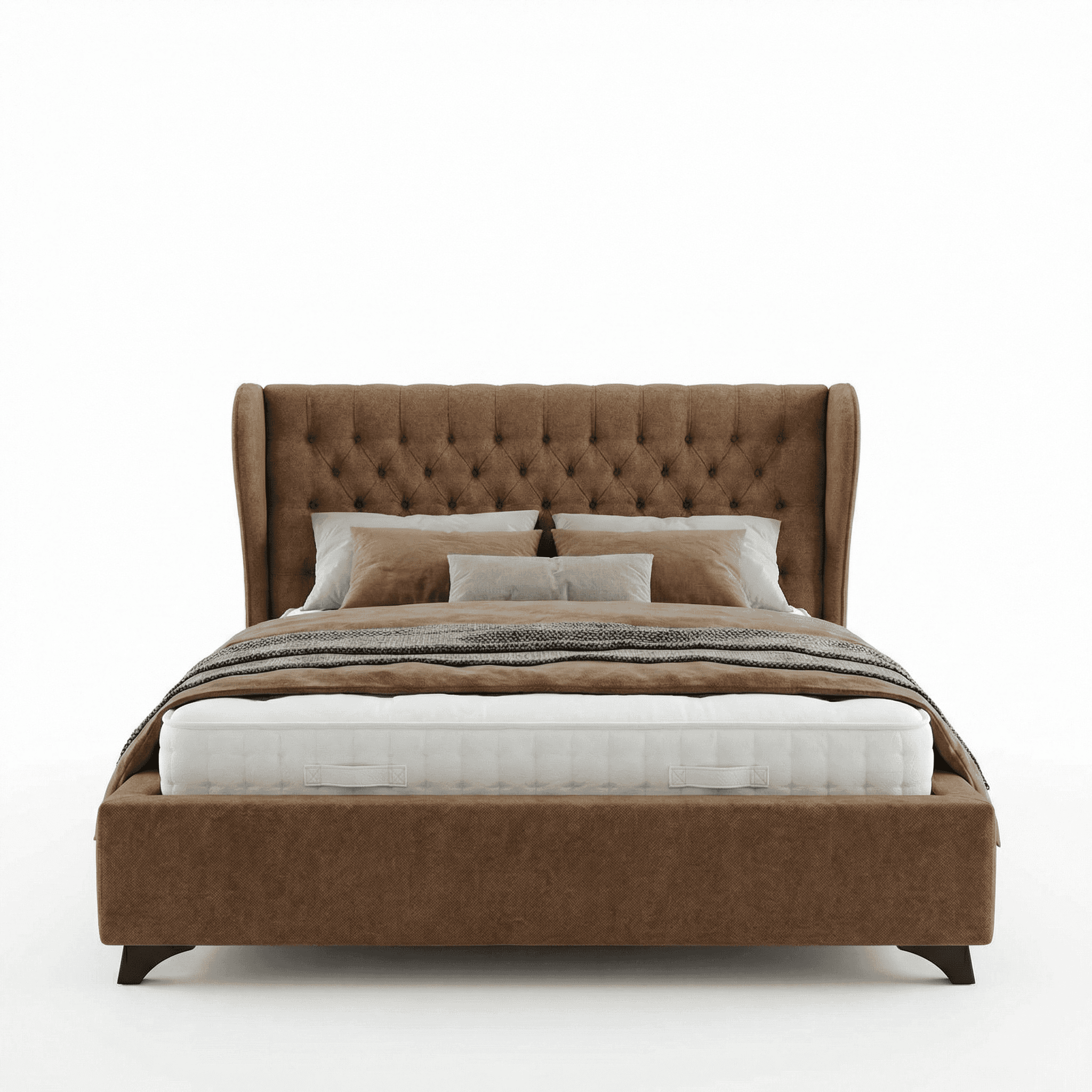 Wingback upholstered bed with deep cushioning and broad mattress platform