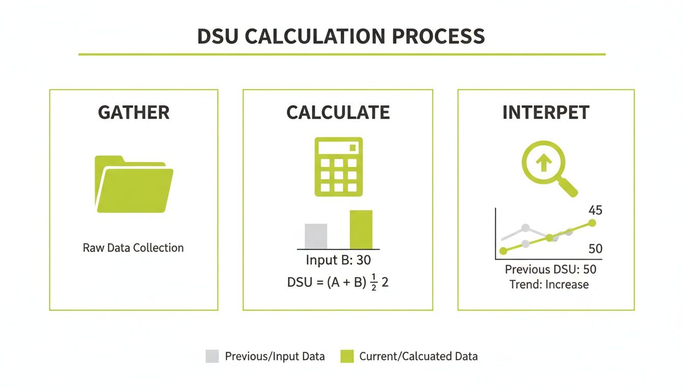 Diagram illustrating the Days Sales Uncollected (DSU) calculation process, showing steps for data gathering, calculation, and interpretation.