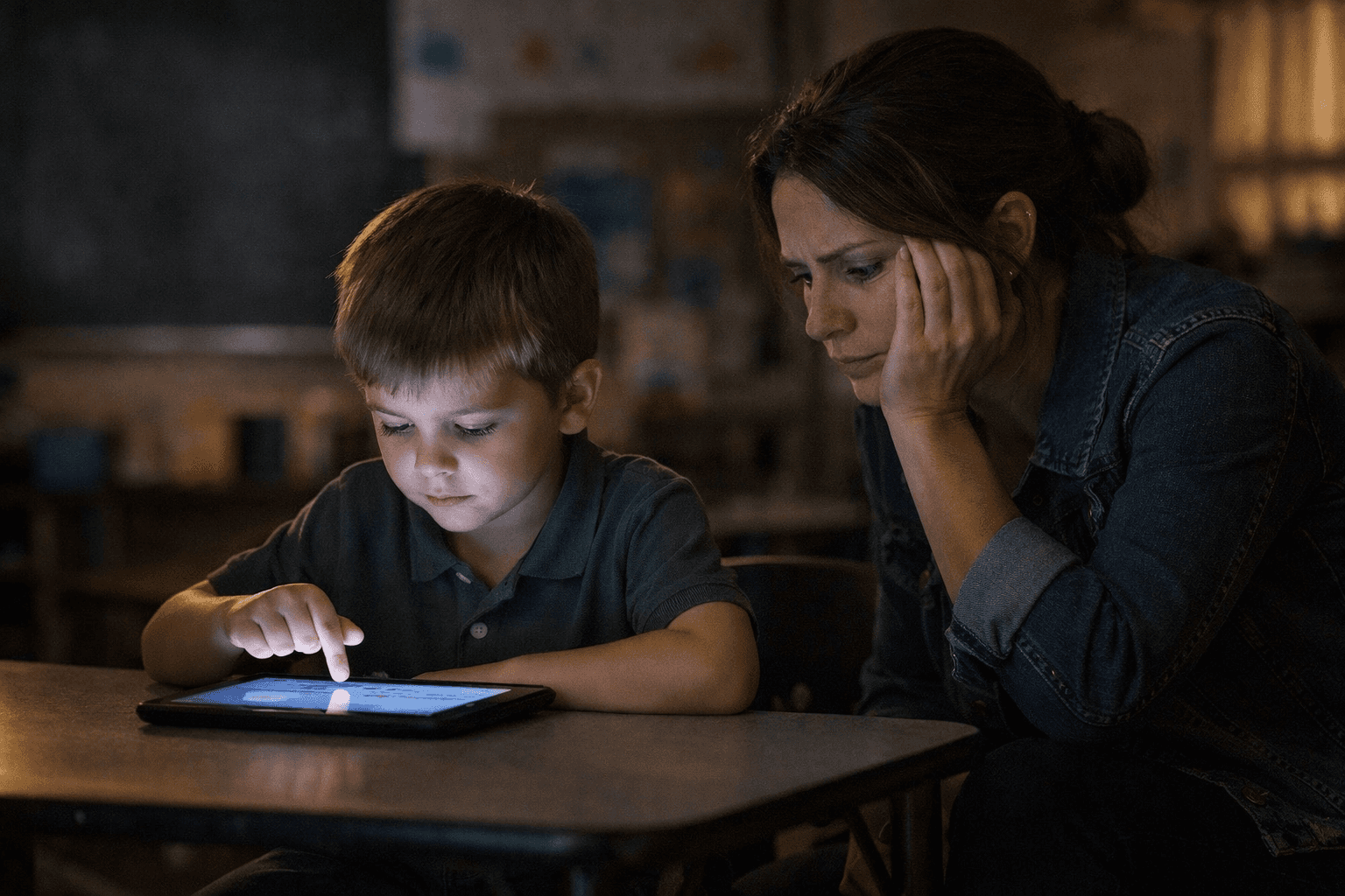 Child using a tablet for an assessment while a concerned teacher sits beside them in a dimly lit classroom