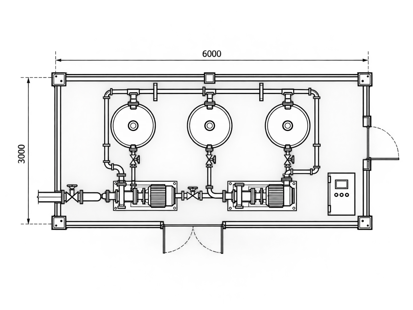 Plan d’implantation industriel avec équipements, pompes, cuves et routage de tuyauterie