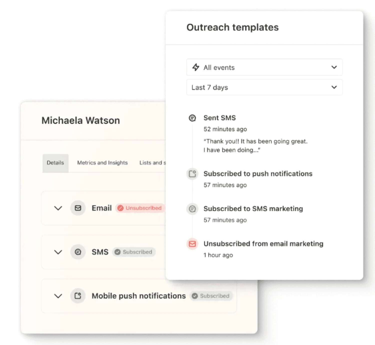 Enable SMS Marketing.png: "Klaviyo SMS marketing setup, highlighting outreach templates and subscriber status for email, SMS, and push notifications."