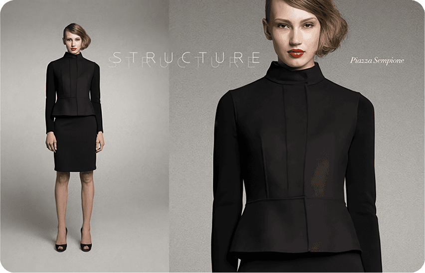 Neiman Marcus editorial featuring model in black structured Piazza Sempione suit with high neck jacket and pencil skirt
