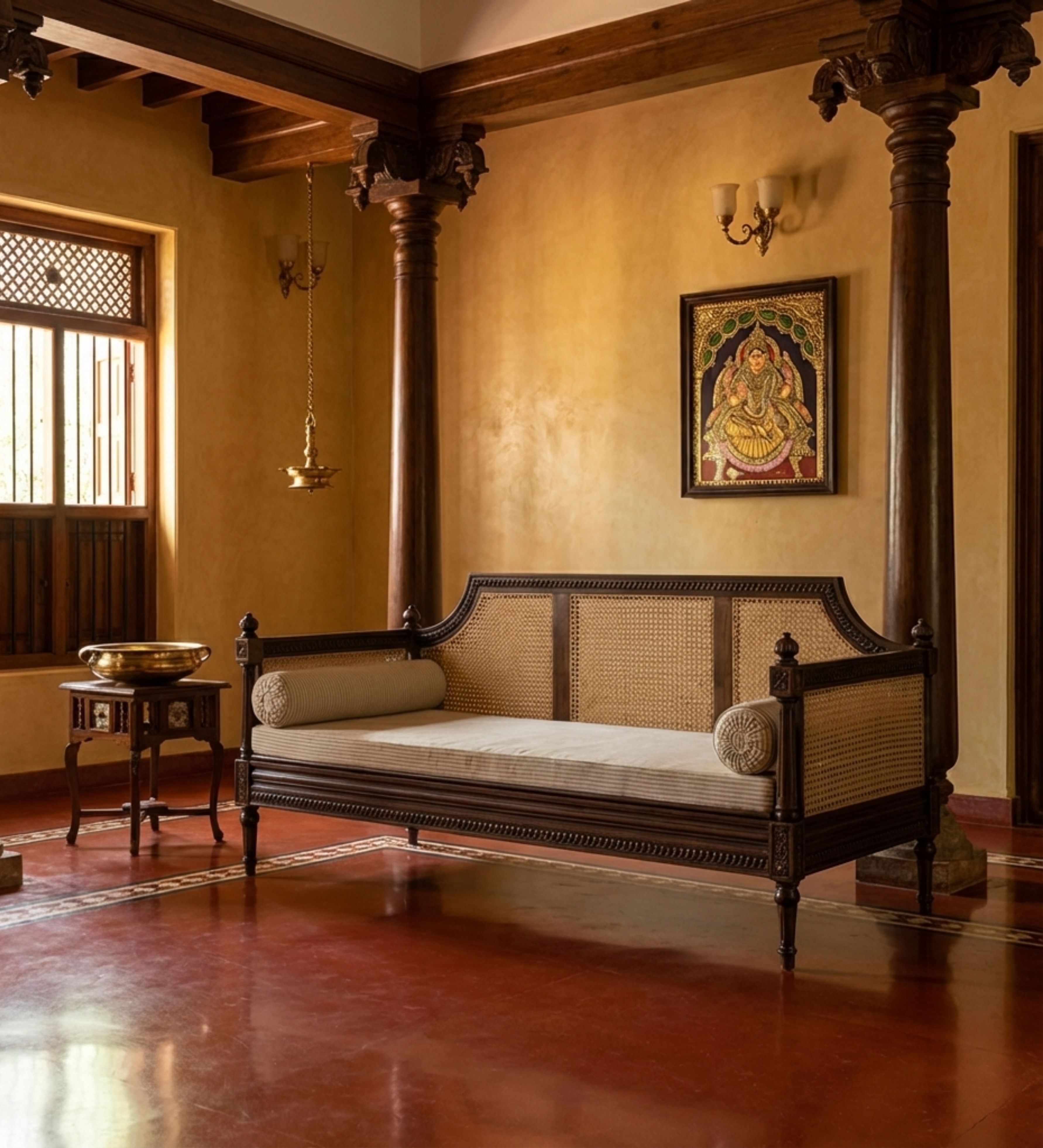 Plum velvet 3-seater with channel tufting and gold-toned legs.