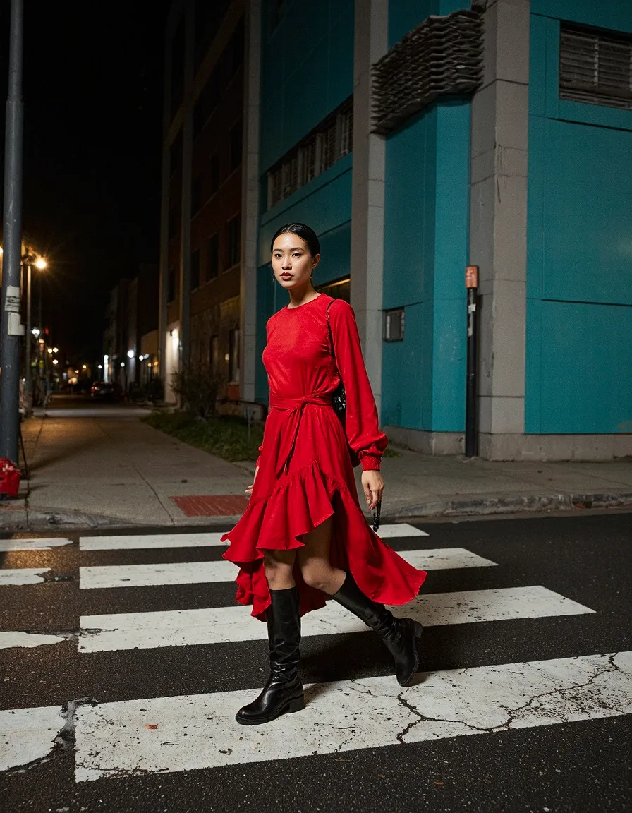 Person in flowing red dress and black boots crossing urban street at night, contrasting against teal building in dramatic city lighting