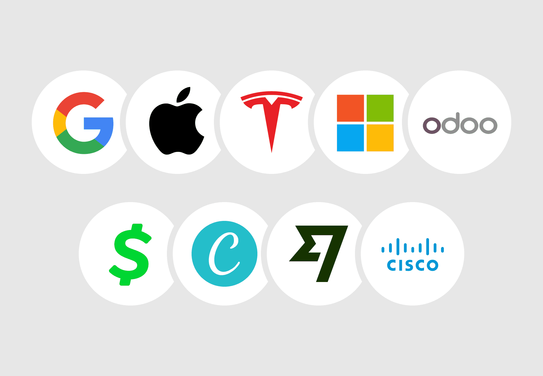 A grid of two rows showing logos for Google, Apple, Tesla, Microsoft, Odoo, Cash App, Canva, Wise, and Cisco.