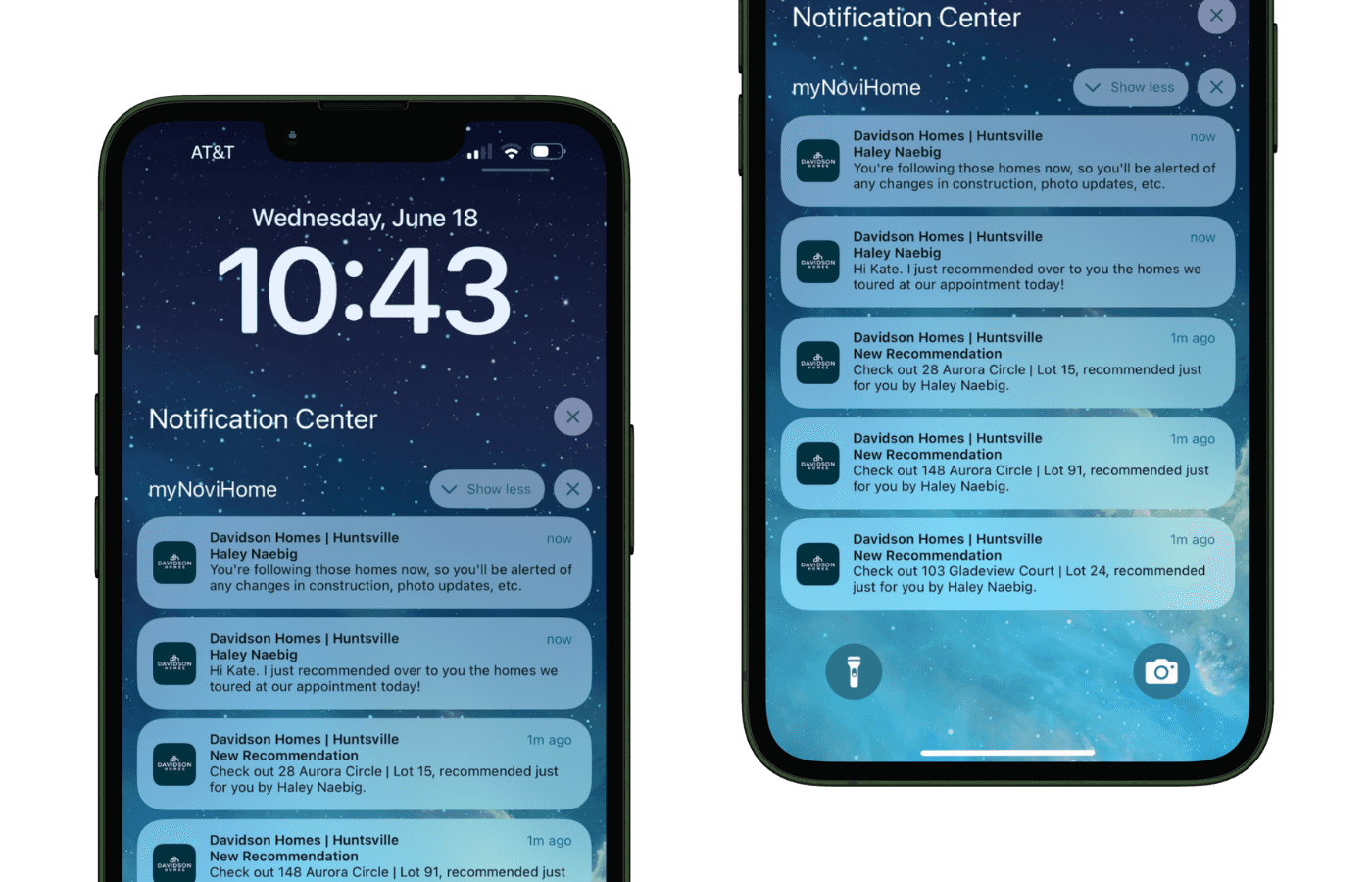 Phone lock screens showing myNoviHome notifications with home recommendations