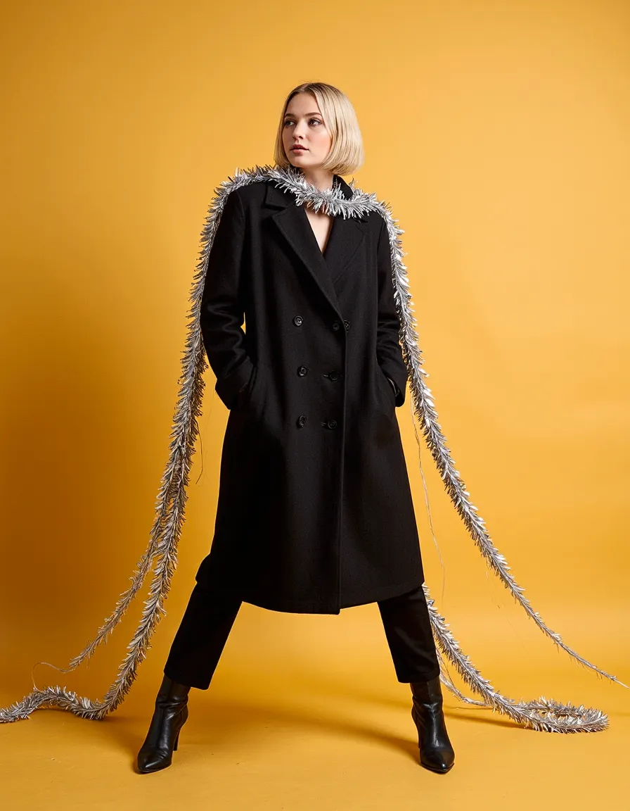 Woman in black coat with silver garland against yellow backdrop for fashion catalogue photography