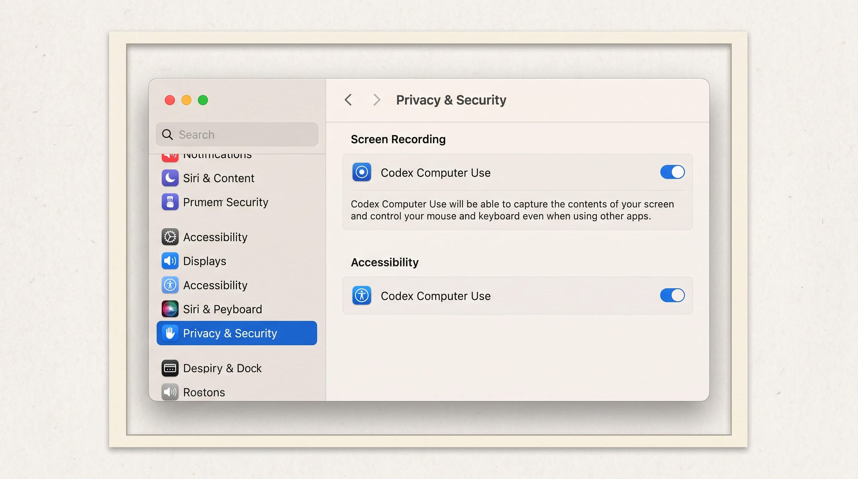 Teaching reconstruction of macOS Privacy and Security settings granting Screen Recording and Accessibility permissions to ChatGPT Codex