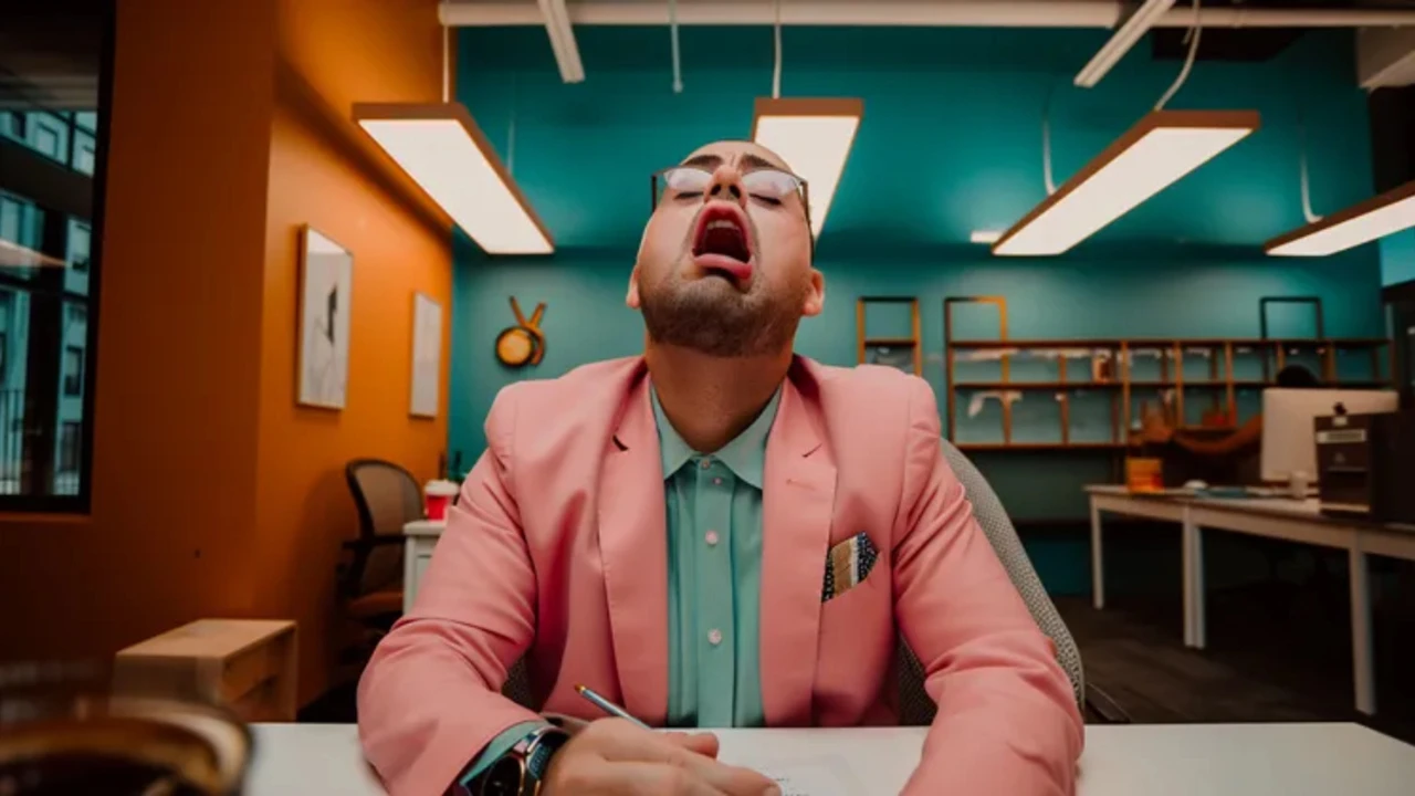 Homme assis à un bureau dans un espace de travail coloré, la tête rejetée en arrière et la bouche ouverte comme s’il soupirait profondément ou bâillait. Il tient un stylo à la main devant un carnet, dans un bureau moderne aux murs orange et vert. L’image illustre un moment de pause ou de fatigue, en lien avec l’impact des pauses sur la productivité et la créativité au travail.