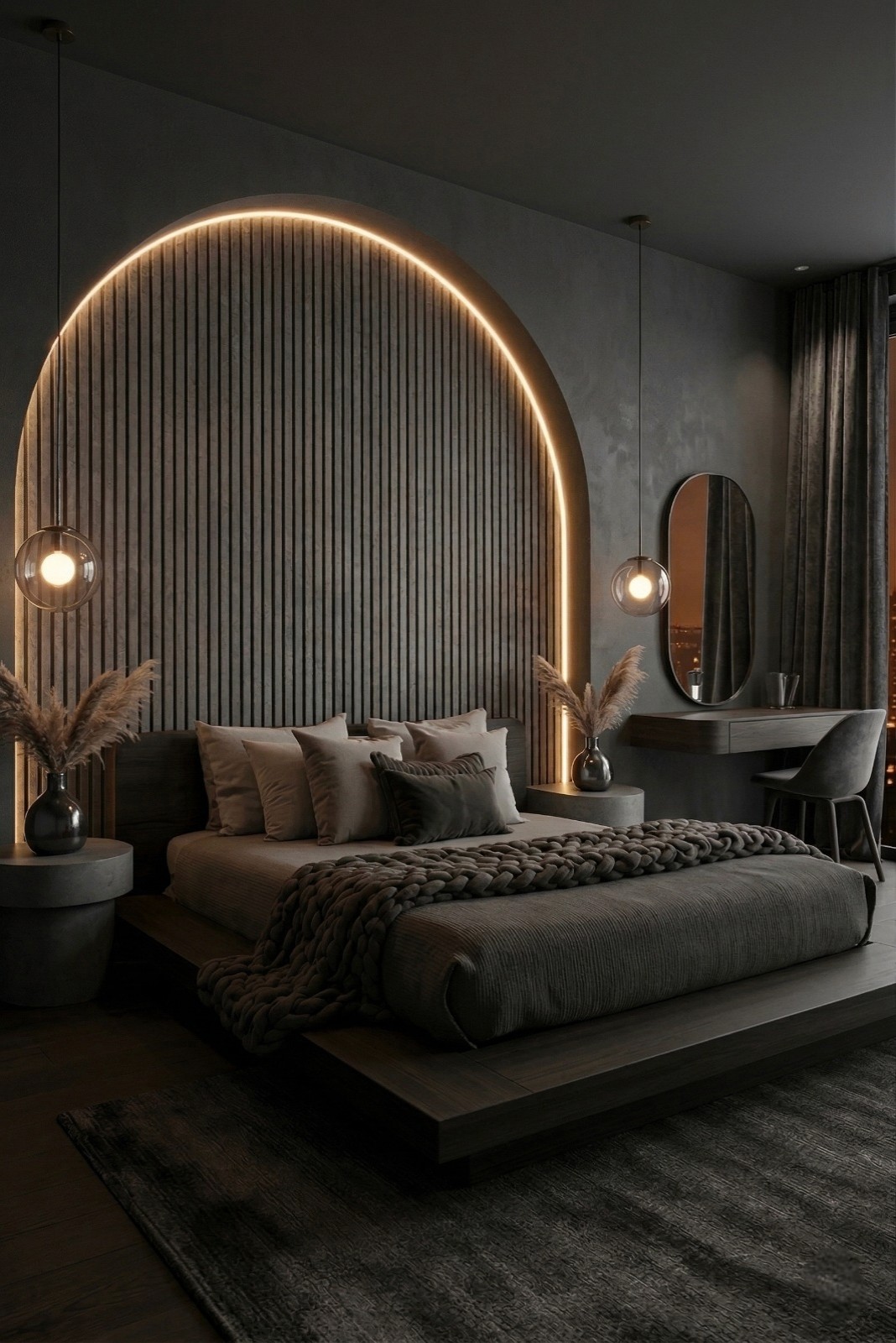 Minimalist kitchen with wood cabinetry, concealed handles, and ambient under-lighting.