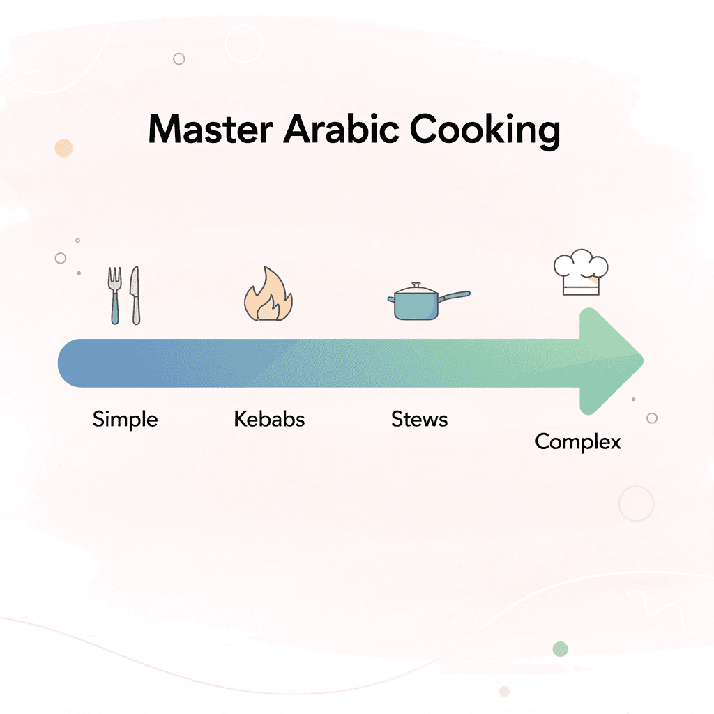 Progression chart showing steps to master Arabic cooking from simple to complex dishes