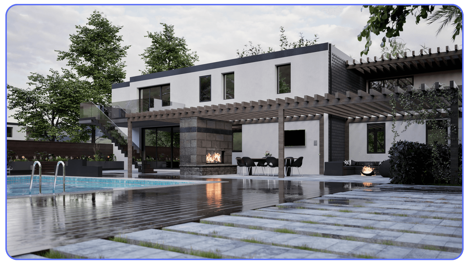 Photorealistic render of a modern residential house with outdoor pool, pergola-covered patio, fireplace, and landscaped garden in a daylight setting.