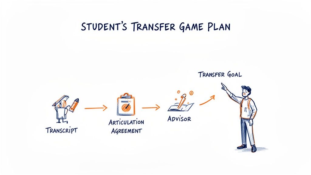 A diagram illustrating a student's transfer game plan, showing steps from transcript to transfer goal with an advisor.