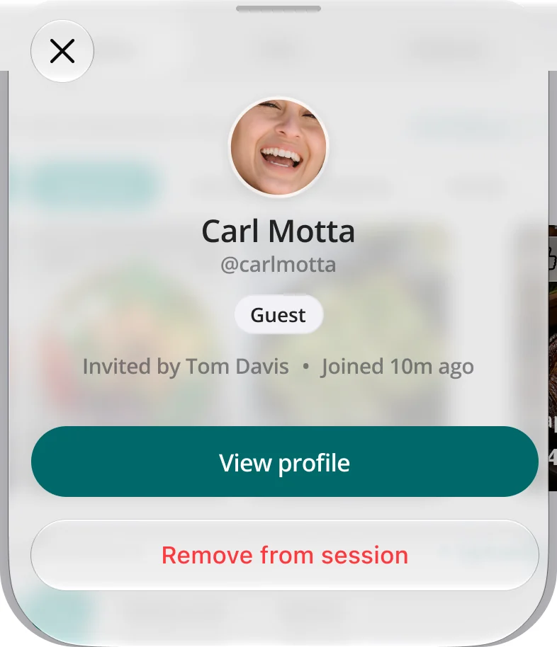 Long-press profile sheet as the lead sees it: Carl Motta, guest, with buttons View profile and Remove from session.