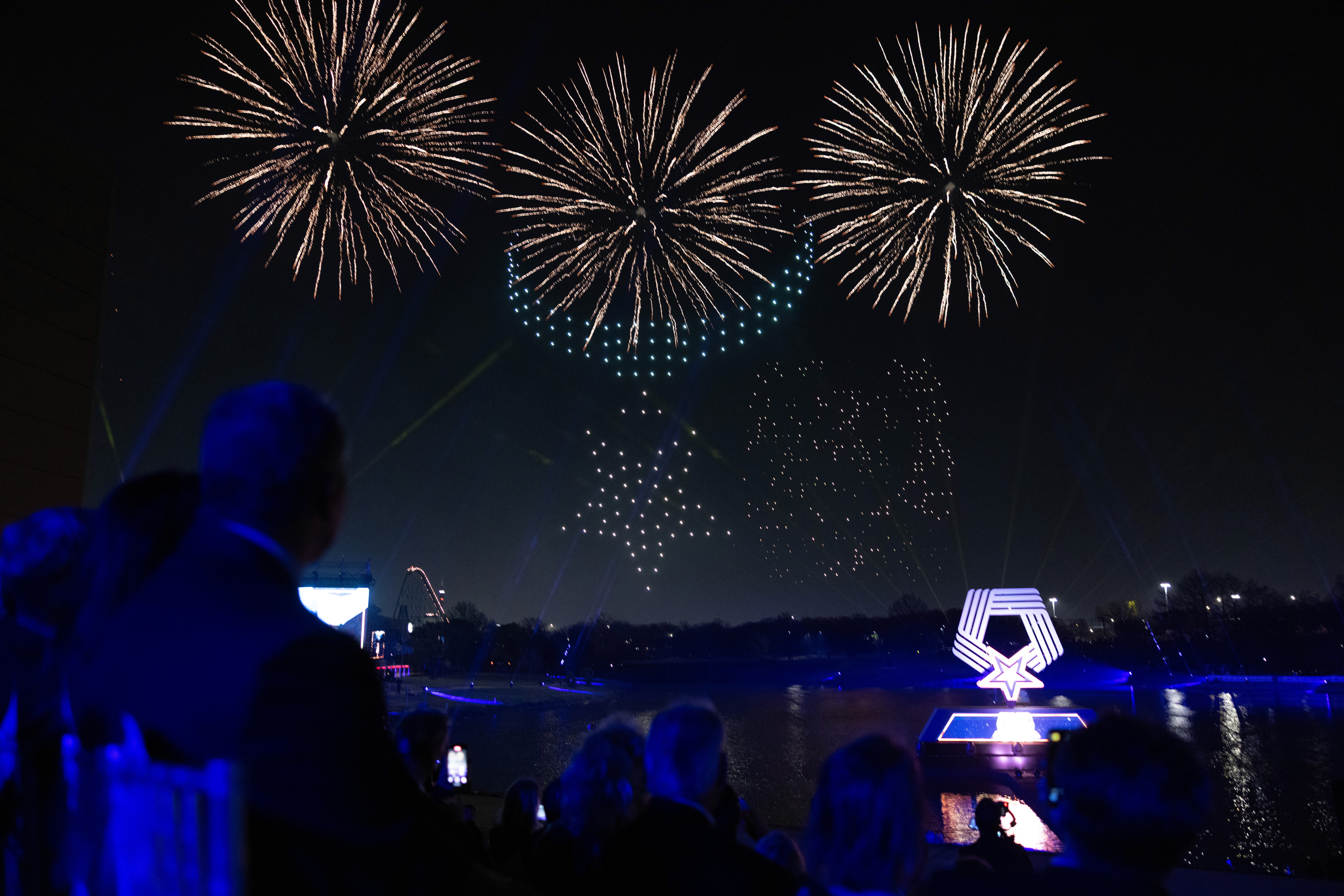 drone show over National Medal of Honor Museum with fireworks