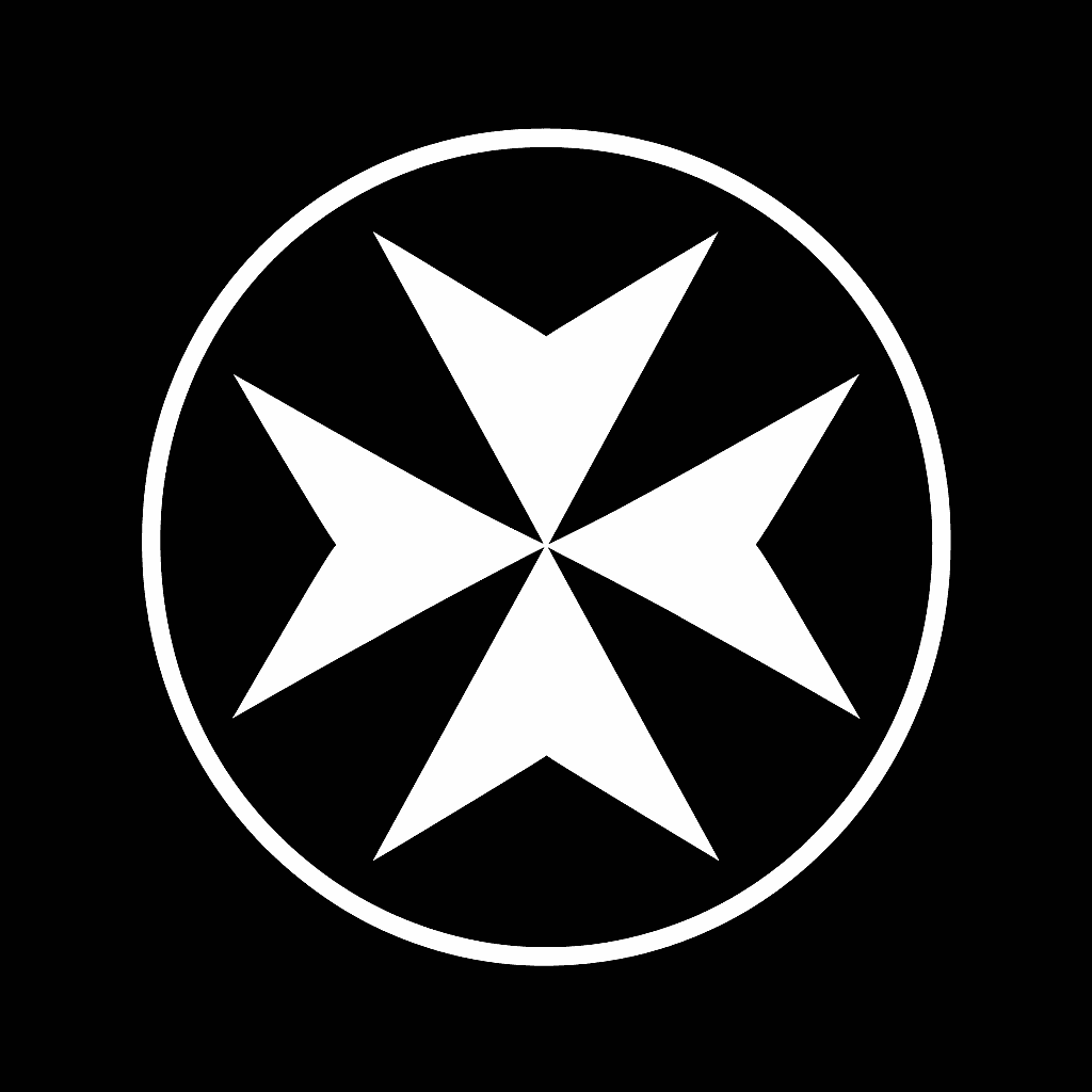 White eight-pointed cross inside a black circle — the emblem of the Oracle role in Cirqus Heresy. A minimalistic, high-contrast geometric symbol representing guidance, clarity and hidden knowledge.