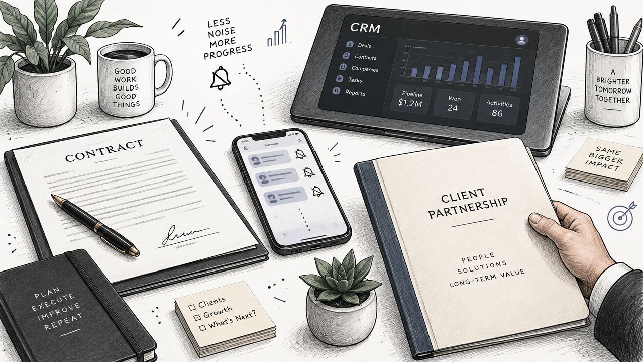 A professional workspace featuring a CRM tablet, contract, smartphone, and client partnership folder on a desk.