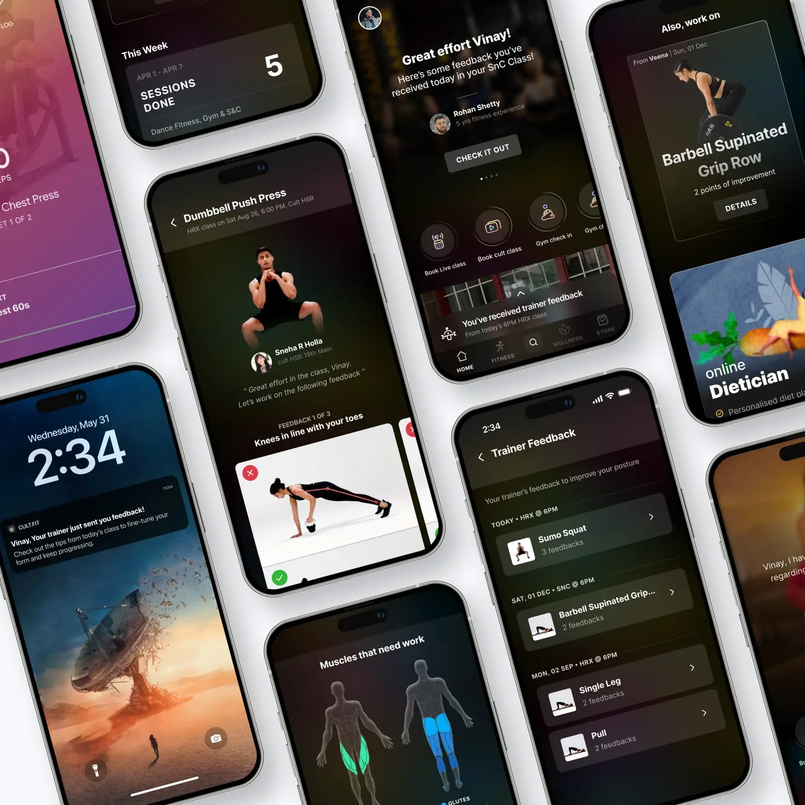 Collage of mobile app screens displaying fitness tracking features, including trainer feedback, completed sessions, exercises to improve, muscle focus areas, and push notifications