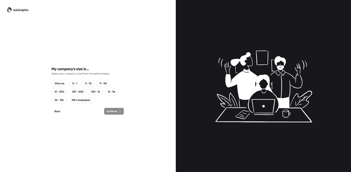 AskDolphin setup page showing company size selection options during account onboarding.