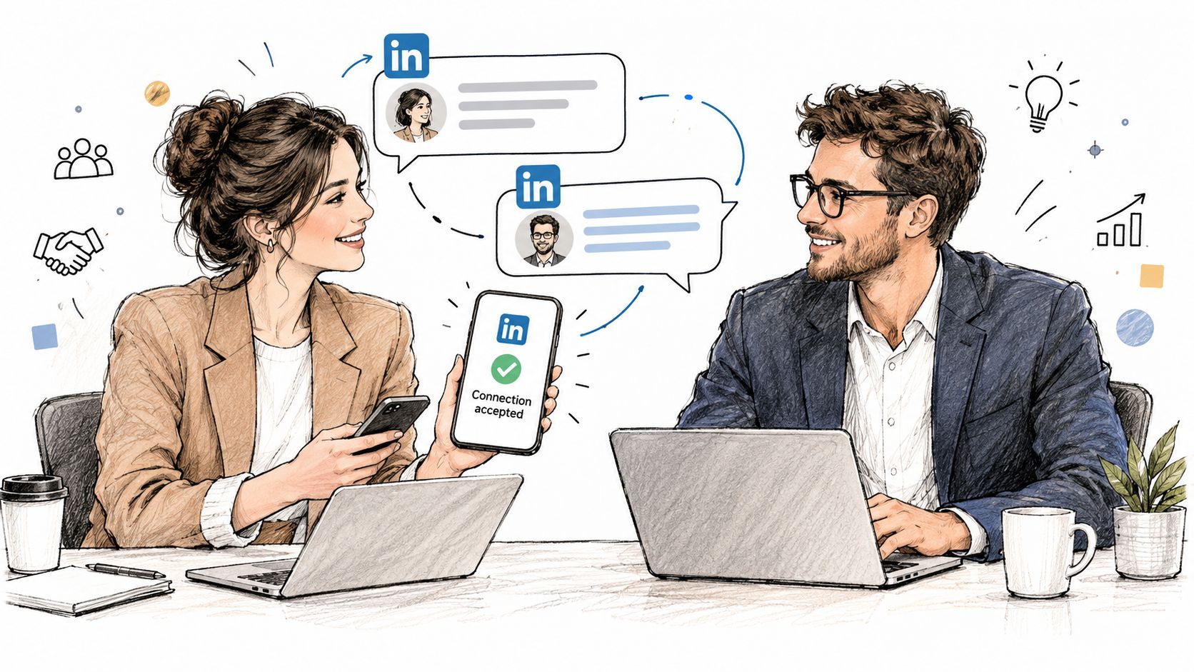 A professional man and woman collaborating while connecting on LinkedIn using their laptops and mobile devices.