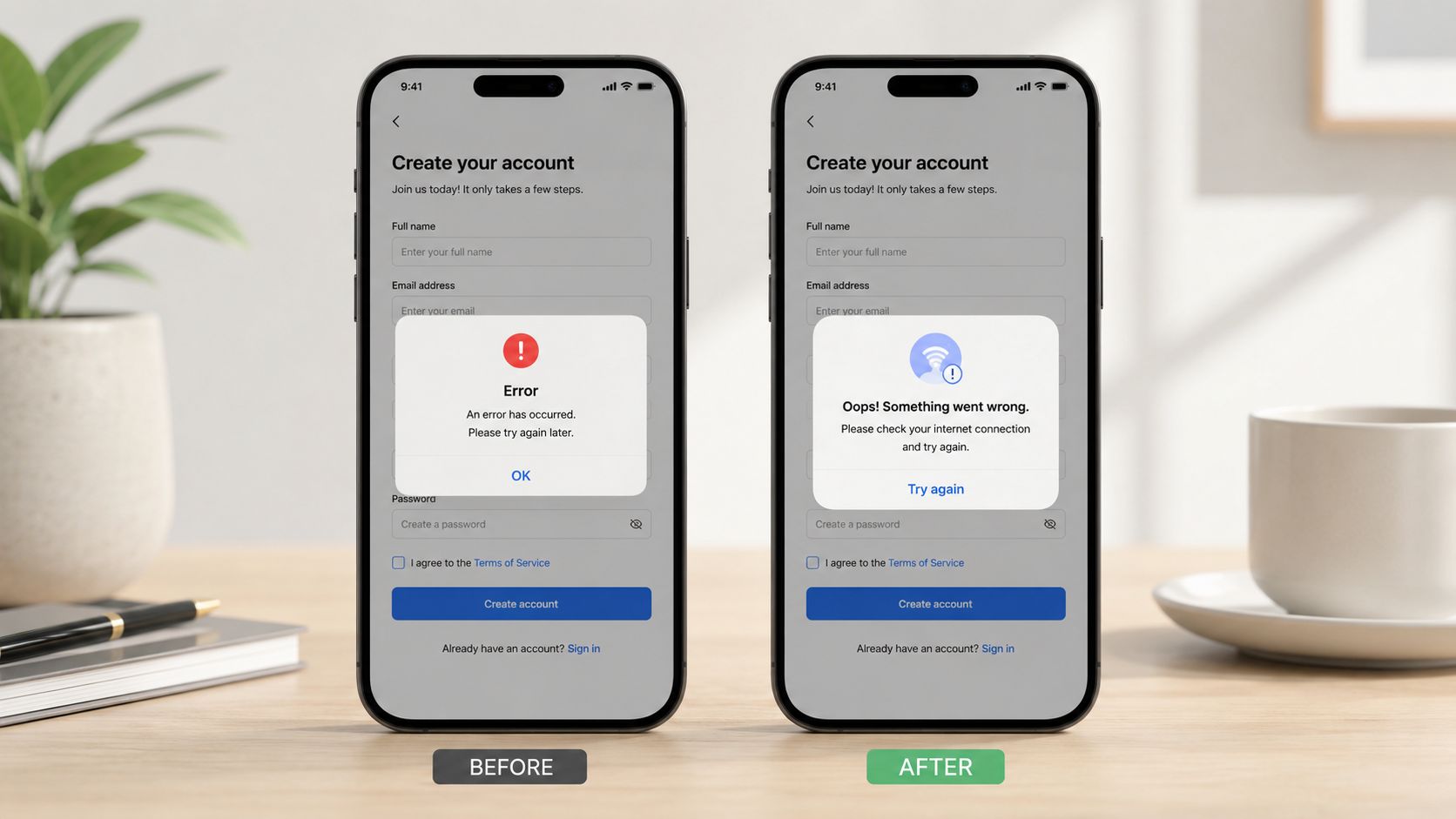 A comparison showing an improved UX writing error message on a mobile account creation screen interface.