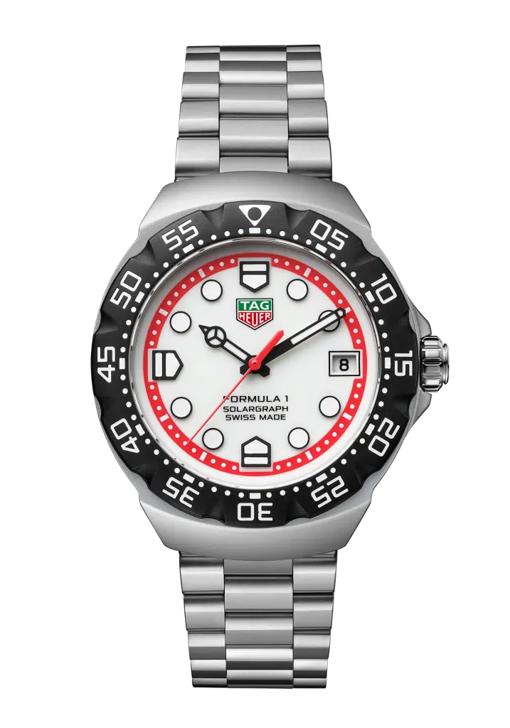Tag Heuer Formula 1 quartz watch with a white dial, red inner ring and black bezel on a steel bracelet.