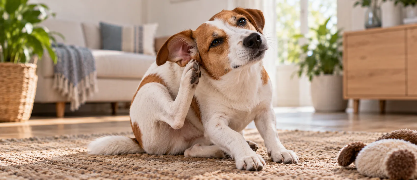 Jack Russell terrier scratching another dog's ear, a common sign of ear mites.