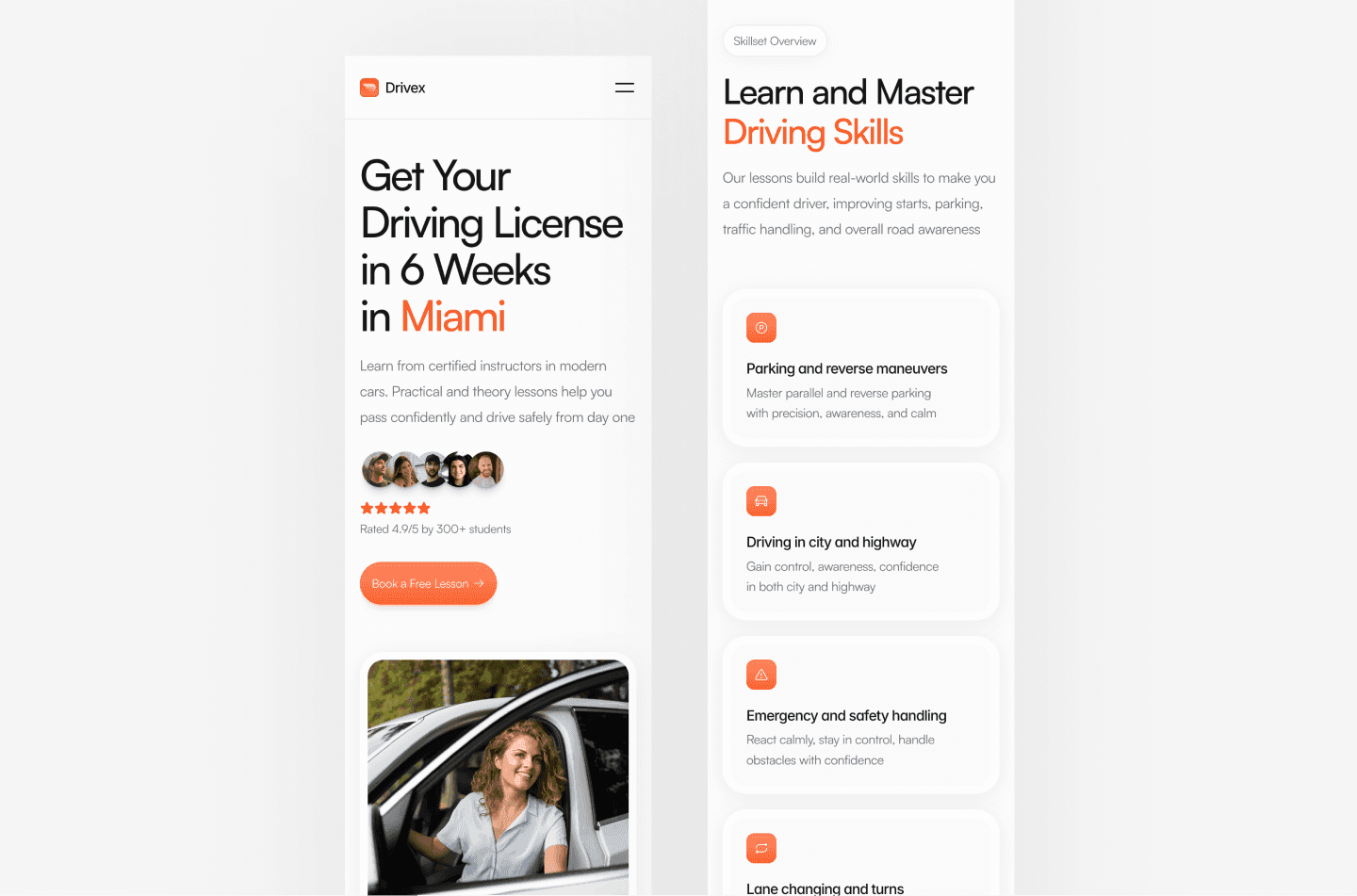 Mobile-first driving school website layout showing clear typography, structured sections, and accessible enrollment actions on a smartphone screen