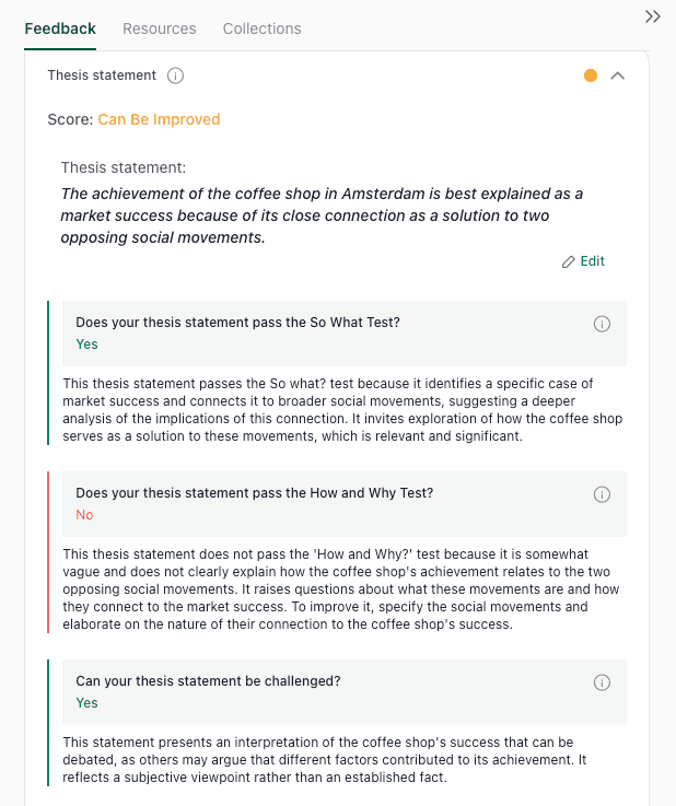 thesify feedback evaluating an argumentative thesis statement about the market success of Amsterdam coffee shops in relation to social movements.