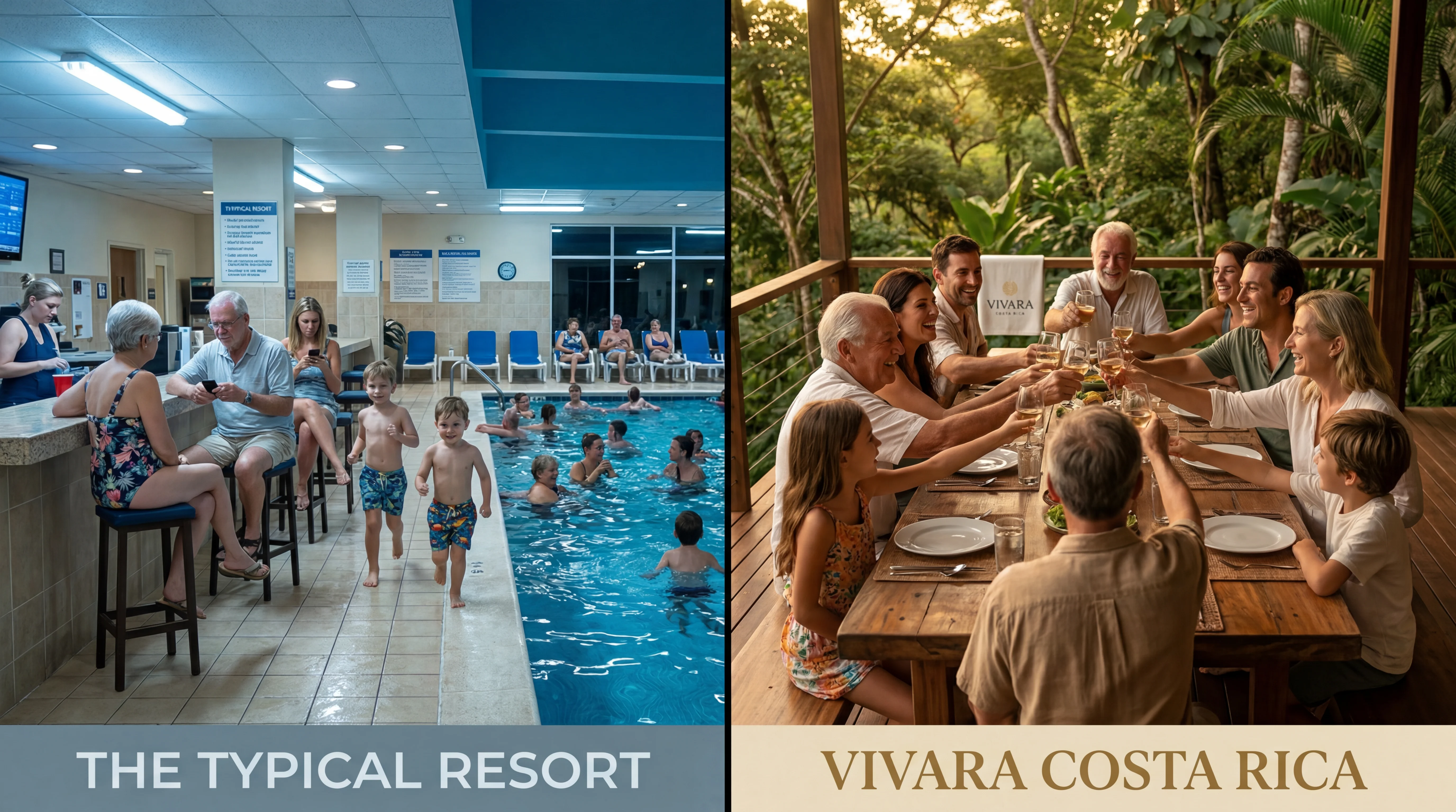 Multi-generational family celebrating a milestone dinner at Vivara Costa Rica private villa — golden hour jungle setting