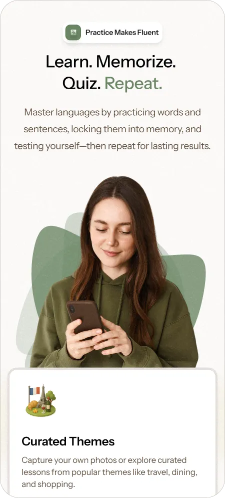 Hero section UI design for an AI-powered language learning app highlighting practice and repetition