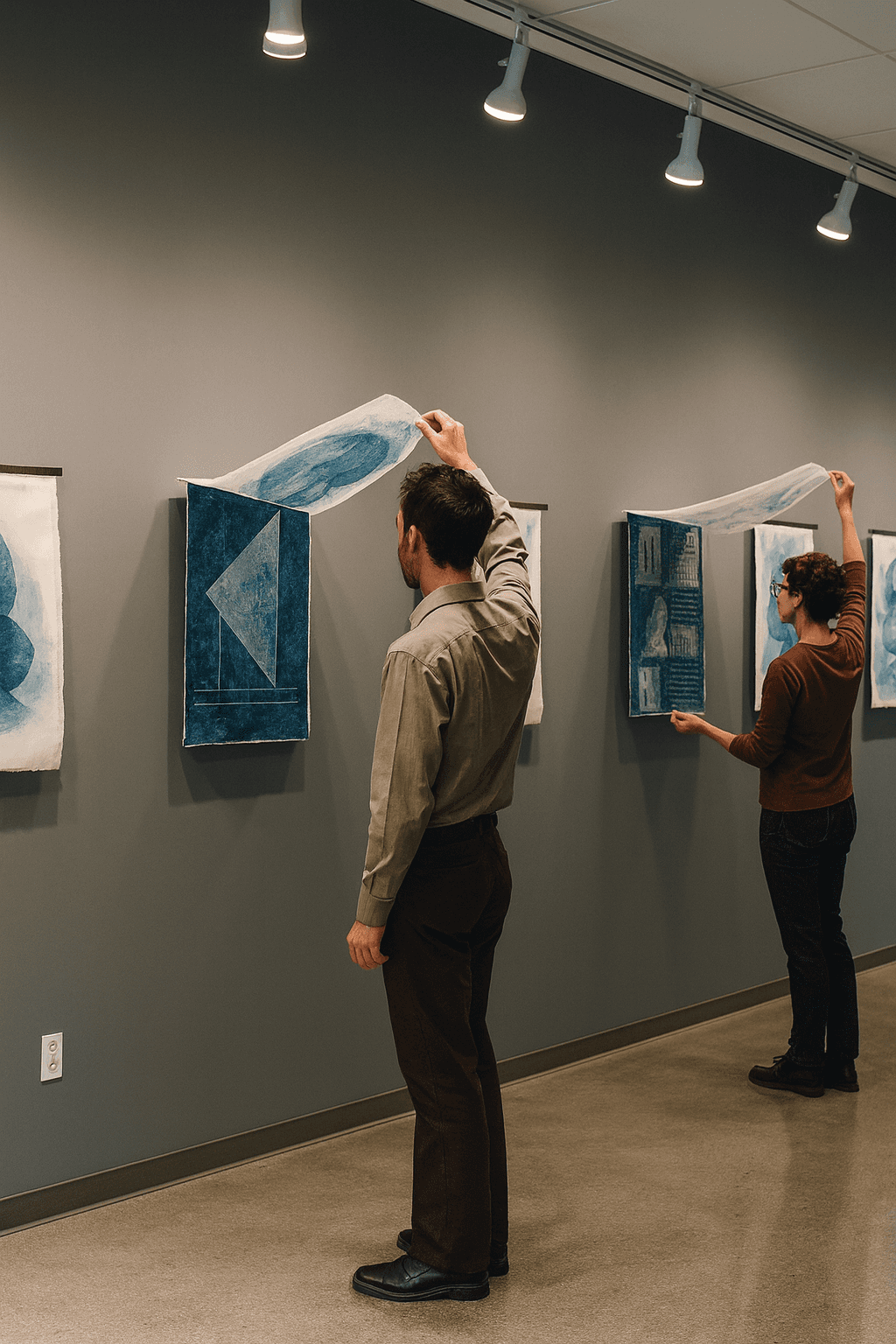 Two people installing or adjusting abstract blue artworks on a gallery wall