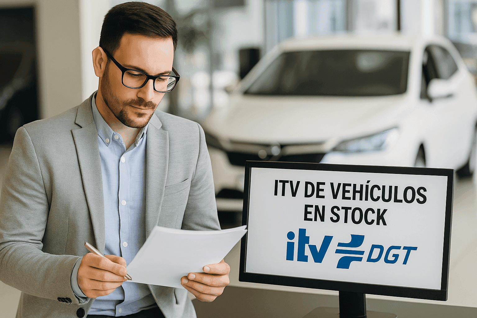 Man reviewing documents in a car showroom, car for sale in background