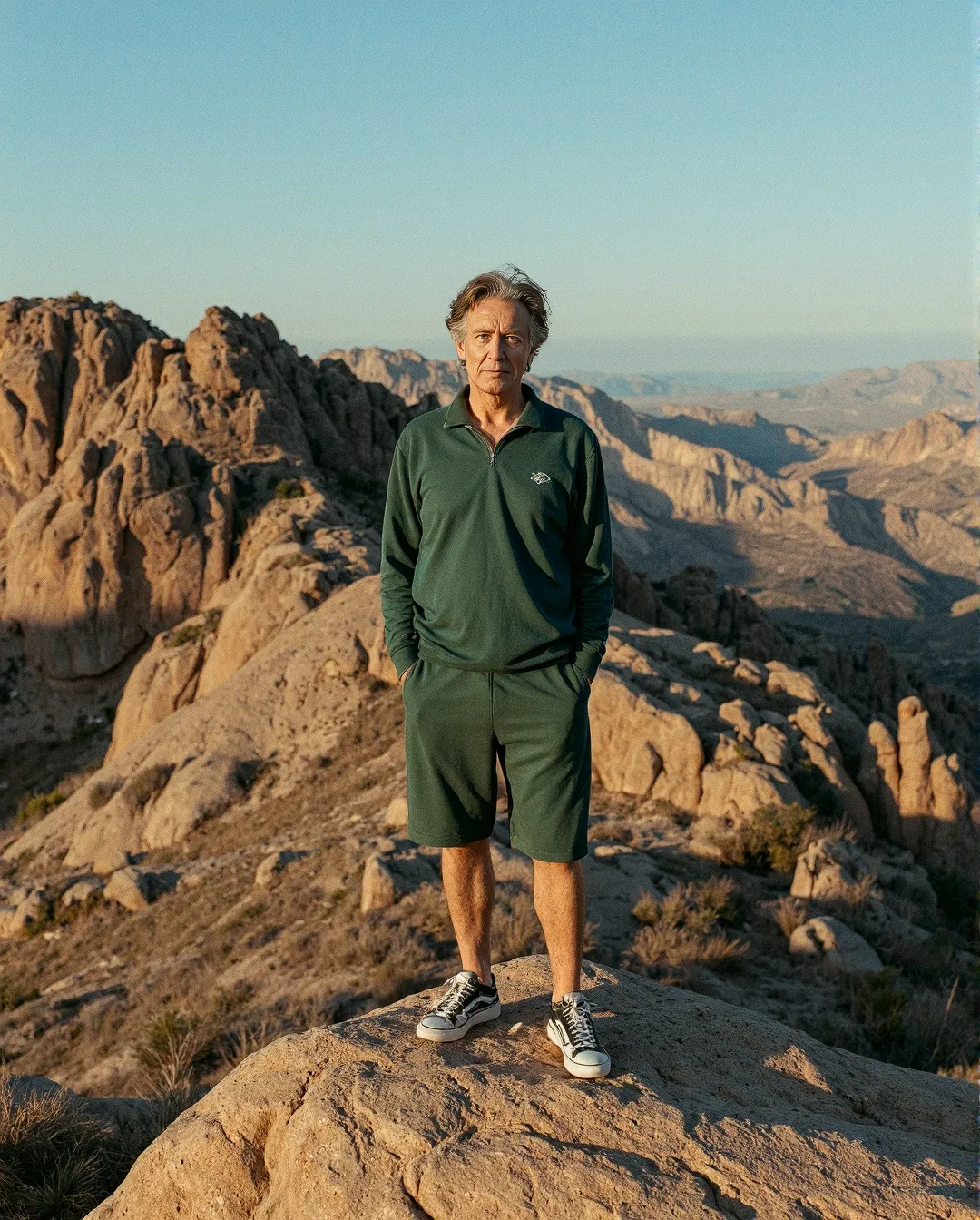 Person in green athleisure outfit standing on rocky mountain summit during golden hour, with vast desert mountains stretching across the horizon