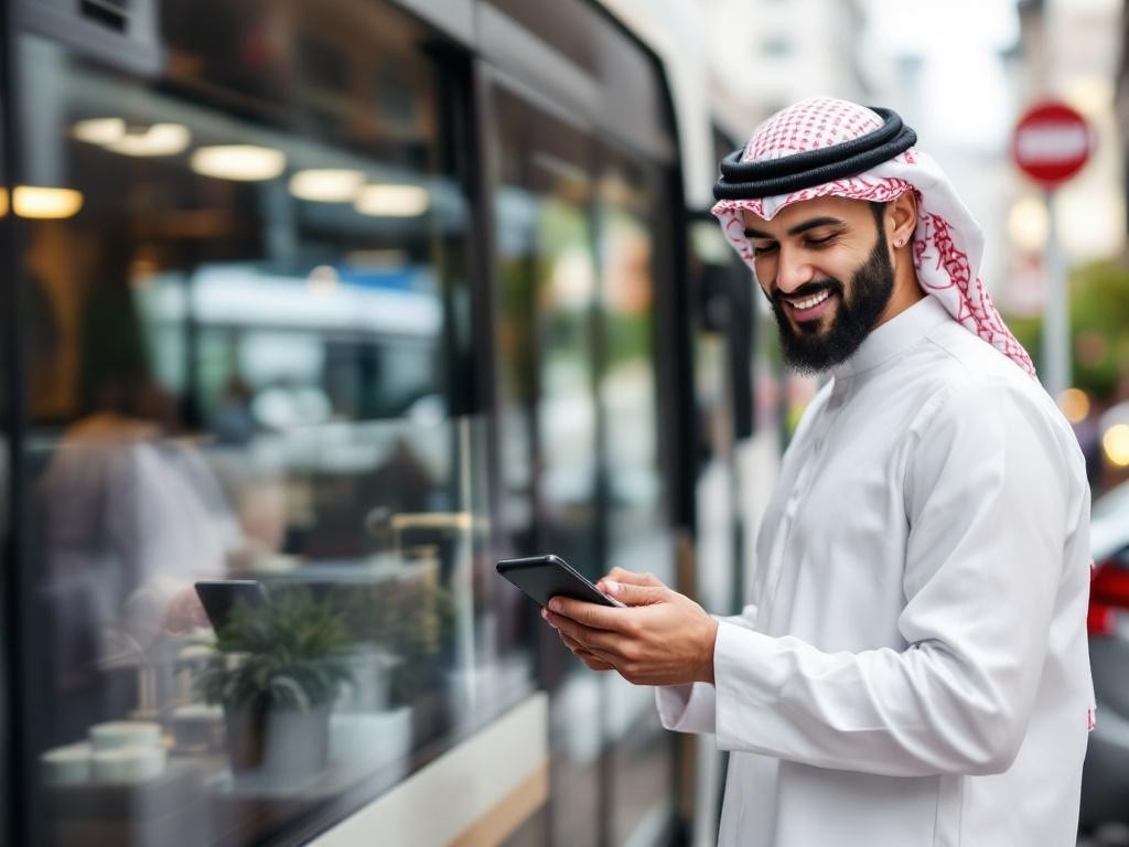A man in traditional Arab clothing smiles while looking at his phone.