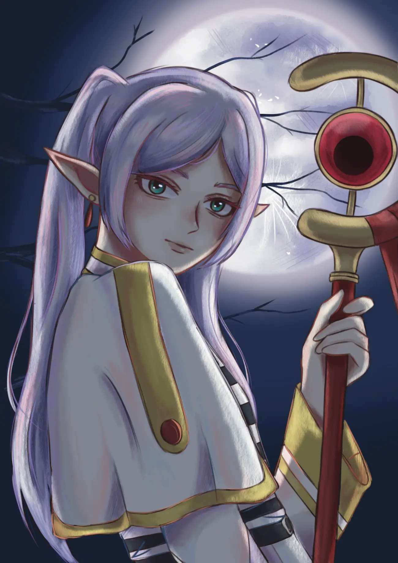Digital fantasy painting of white-haired elf Frieren holding a staff under a full moon - by Tiffany Springett.