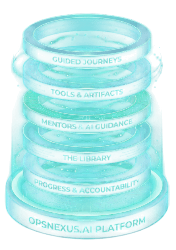 Glowing layered cylinder showing OpsNexus.AI platform features.