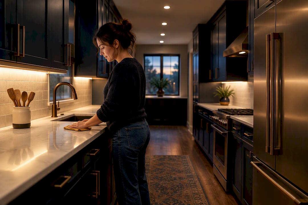 Layered lighting across a narrow galley kitchen