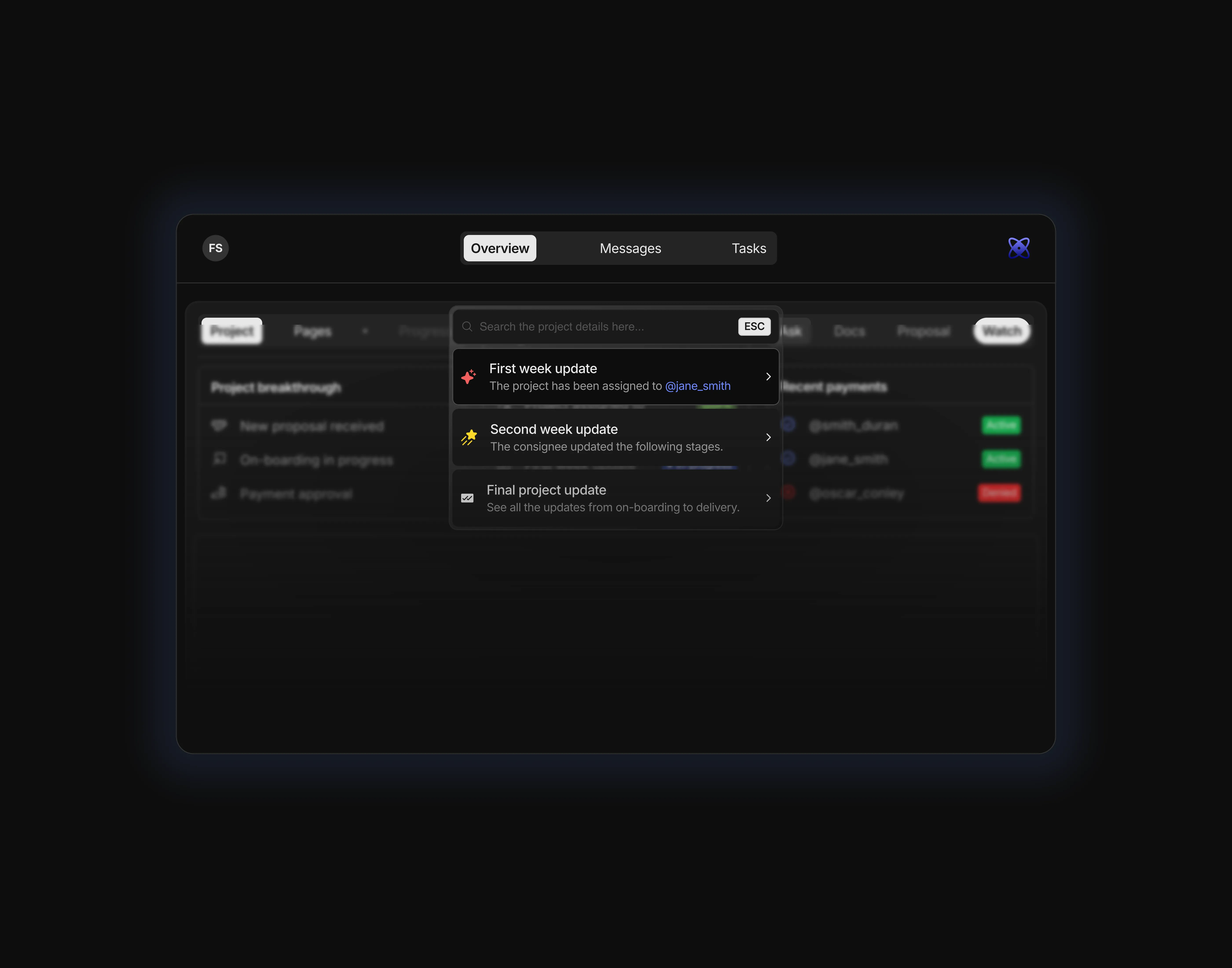 A dark themed dashboard with a dialogue box having a blurred background for desktop screens.