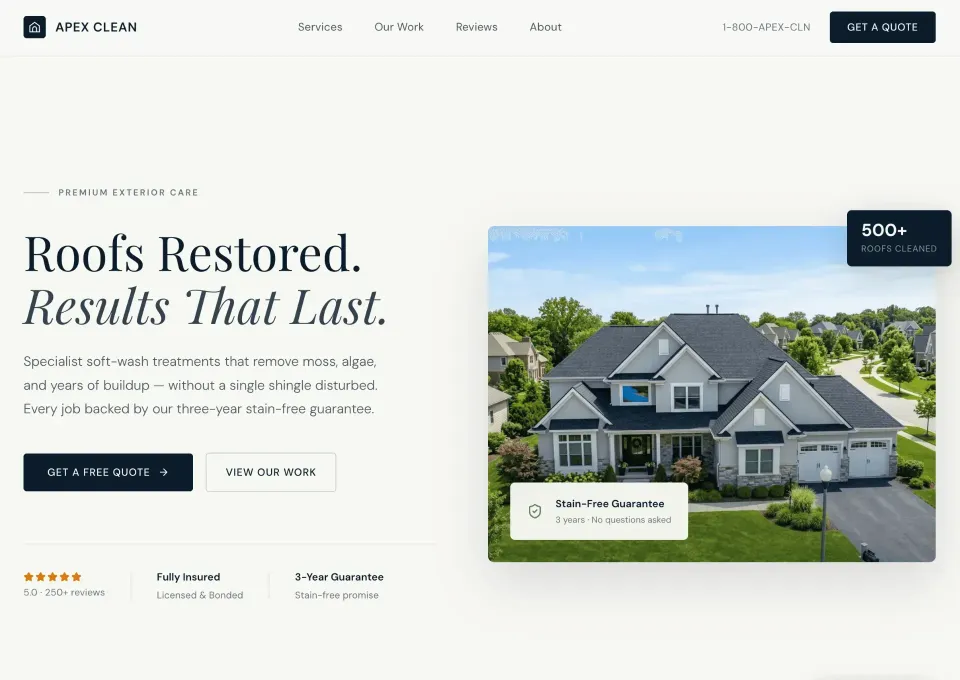 A clean website landing page design for a residential roofing contractor featuring durable materials and structural repairs.