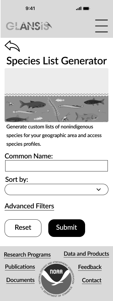 My first wireframe for the GLANSIS species list generator redesign