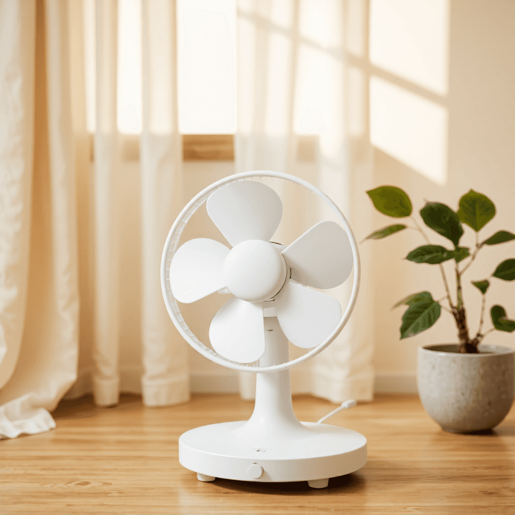 product photography of a small table fan for personal cooling