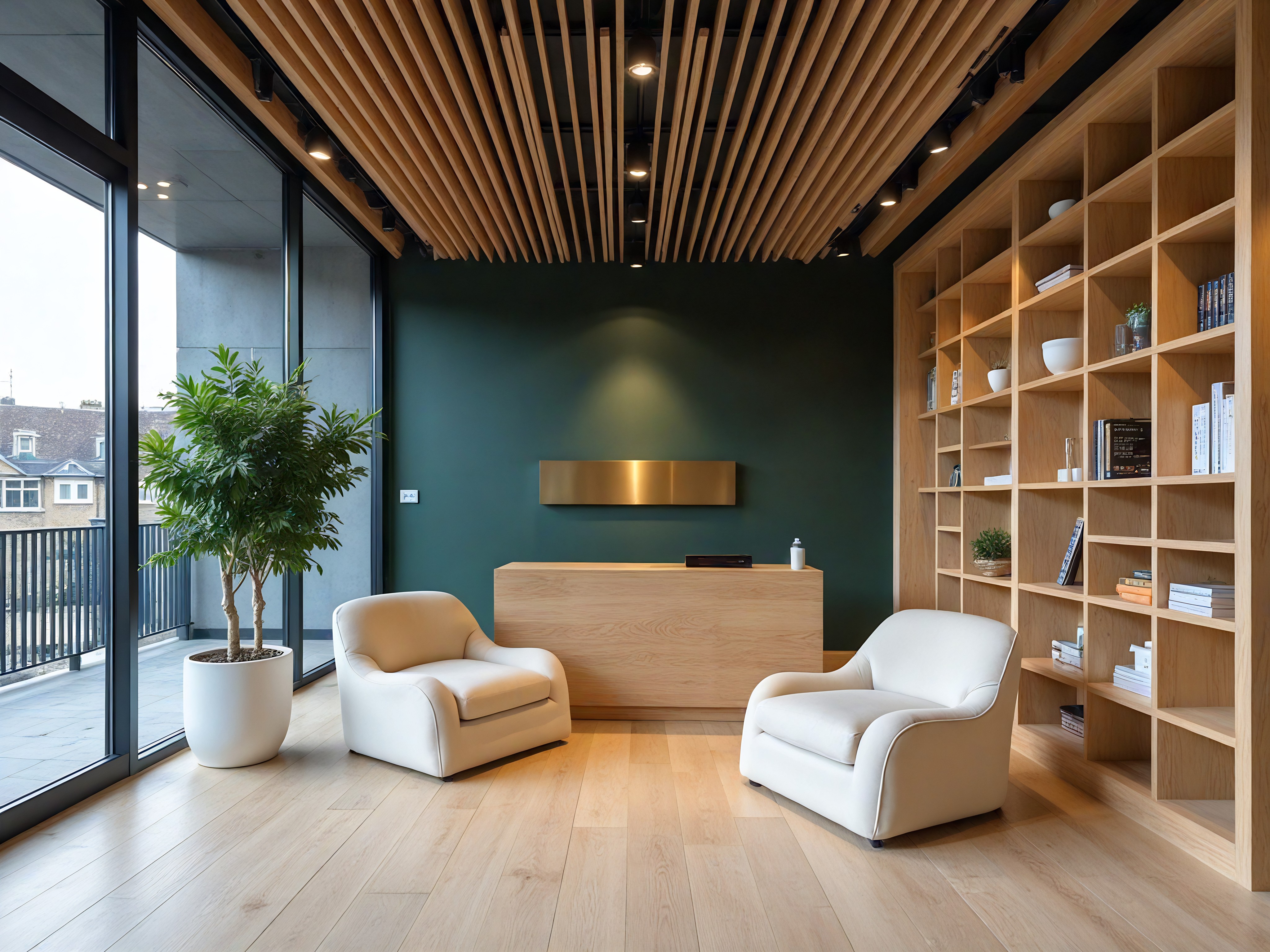 A classic and elegant bathroom with off-white paneling, marble-patterned flooring, and intricate ceiling carvings is shown in this horizontal full photograph. In the left corner, a white clawfoot bathtub with gold-colored handles is against the wall, with a towel draped over the left-side rim. To the right of the bathtub are two white toilets, each with a single handle on the left side, under two tall white windows. The windows overlook a leafy green forest and fields in the distance. The right-side window is between the two toilets. To the right of the windows is a large square marble shower with clear glass walls and gold-colored frames and handles. A multi-piece shower kit with a showerhead and controls in gold is in the shower. To the right of the shower is a white cabinet with off-white marble countertop and handles in gold. On the counter are three small white towels and a brown and white pump bottle. A square, framed mirror is above the counter. Two wall sconces with simple gold-colored stems and cream-colored lampshades are above the mirror. Daylight streams in from the windows, illuminating the room.