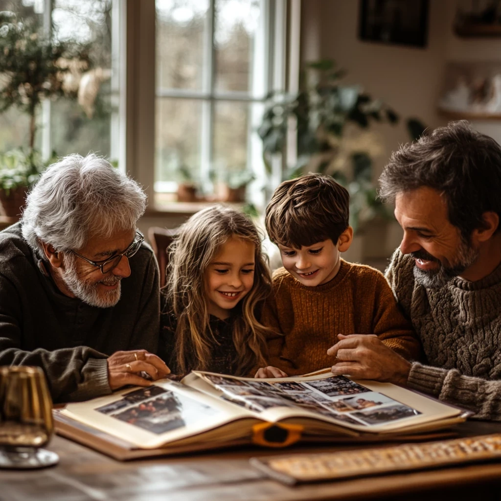 Family members of different generations enjoying a memory book together